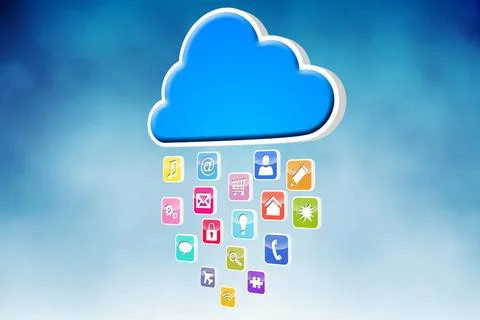 Conceptual digital illustration is featuring blue cloud raining app icons on Illustrazione stock