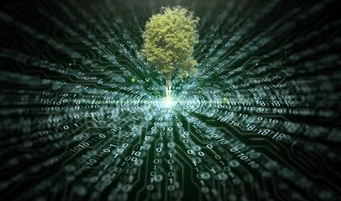 Conceptual digital illustration of tree growing from central high tech circ.. イラスト素材