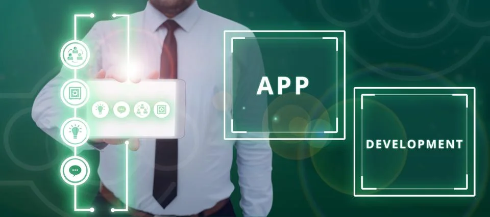 Conceptual display App Development. Concept meaning producing computer software Stock-Fotos