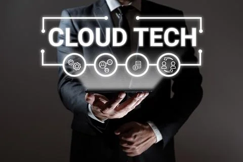 Conceptual display Cloud Tech. Business showcase storing and accessing data and Foto stock