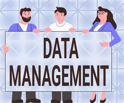 Conceptual display Data Management. Word for The practice of organizing and Illustrazione stock