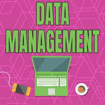 Conceptual display Data Management. Word for The practice of organizing and Illustrazione stock