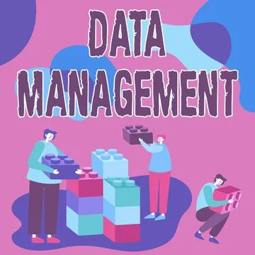 Conceptual display Data Management. Word for The practice of organizing and Illustrazione stock