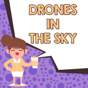 Conceptual display Drones In The Sky. Word Written on Modern aerial camera Stock Illustration