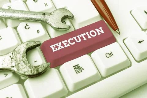 Conceptual display Execution. Word for it executes or imposes a program order or Foto stock