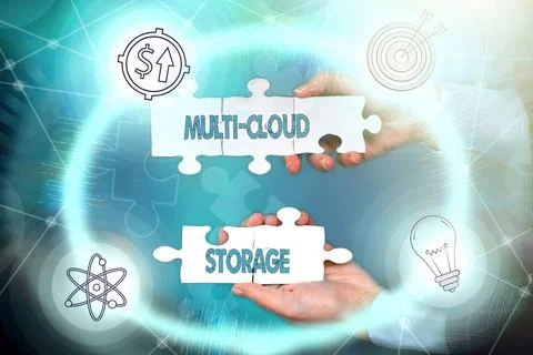 Conceptual display Multi Cloud Storage. Word Written on use of multiple cloud Foto stock