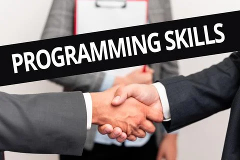 Conceptual display Programming Skills. Word Written on skills vital to write a Fotos de archivo