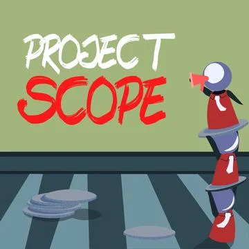 Conceptual display Project Scope. Word for evaluation of work efforts a product Illustrazione stock