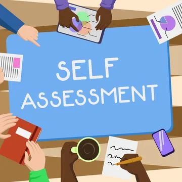 Conceptual display Self Assessment. Internet Concept evaluation of oneself or Stock Illustration