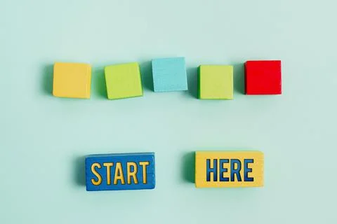 Conceptual display Start Here. Word Written on an act of pointing a location or Stock Photos