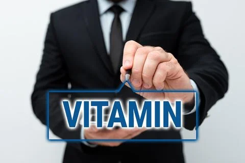 Conceptual display Vitamin. Word Written on group of organic compounds which are Foto stock