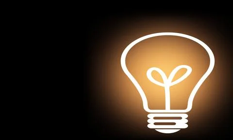 Conceptual drawing of a light bulb with light on a black background Stock Illustration