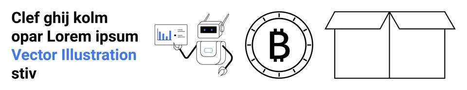 Conceptual Elements Including Robot, Bitcoin Symbol, and Open Box for Busin.. Illustrazione stock