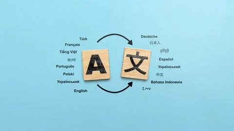 A conceptual flat lay illustration of language translation featuring wooden.. Stock Photos