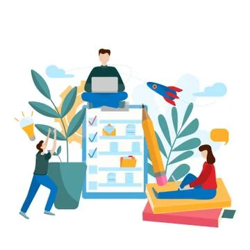 Conceptual flat vector illustration Teamwork project. Tiny people search for  Ilustración de archivo
