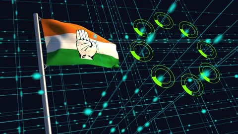 Conceptual flow of data with Indian National Congress Party flag Stock Footage 170883656