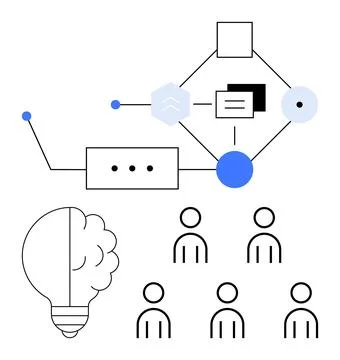 Conceptual Flowchart with Brain Idea and Network of Figures for Team Collab.. Illustrazione stock