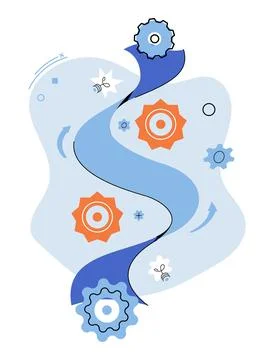 Conceptual Fluid Path with Gears and Arrows Symbolizing Process Flow Stock Illustration