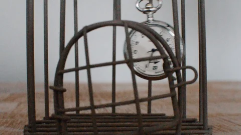 Conceptual footage of an imprisoned clock during Coronavirus confinement. Stock Footage 129184553