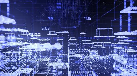 Conceptual graphic 3D render of a Smart or digital city buildings hologram Ilustración de archivo