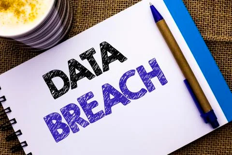 Conceptual hand writing showing Data Breach. Business photo showcasing Stolen Stock Photos