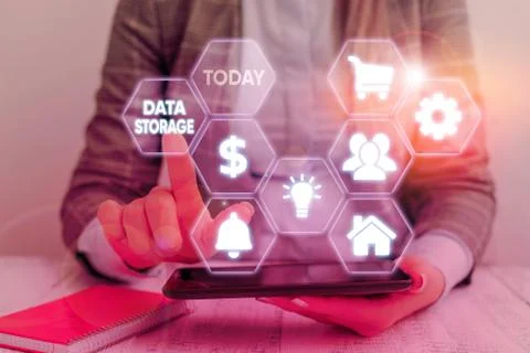 Conceptual hand writing showing Data Storage. Business photo showcasing the act 스톡 사진