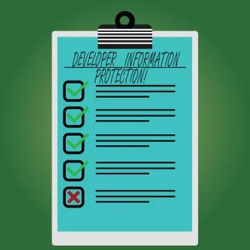 Conceptual hand writing showing Developer Information Protection. Business photo 스톡 일러스트