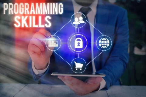 Conceptual hand writing showing Programming Skills. Business photo text Stock Photos