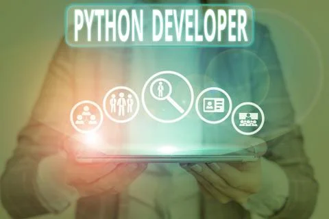 Conceptual hand writing showing Python Developer. Business photo showcasing Stock Photos