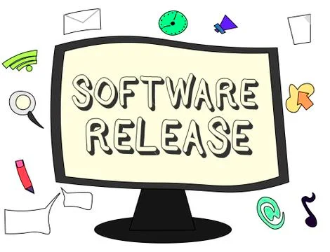 Conceptual hand writing showing Software Release. Business photo showcasing sum Stock Illustration