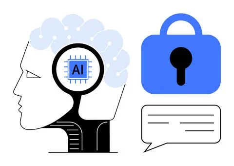 Conceptual Human Brain with AI Chip, Security Lock, and Dialogue Bubble Sym.. Illustrazione stock