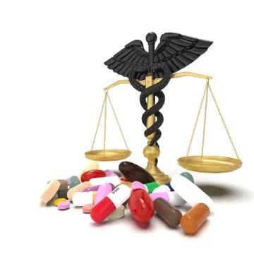 Conceptual idea of justice in pharmacy 3d rendering 库存插图