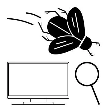 Conceptual Illustration of Debugging with Computer, Magnifying Glass, and B.. Stock Illustration