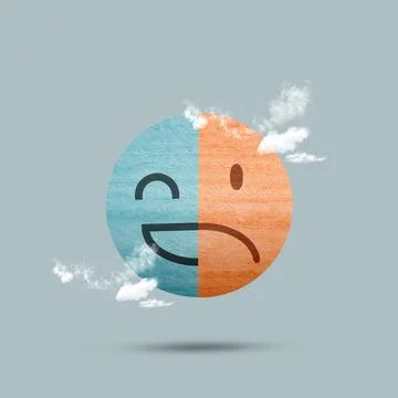 A conceptual illustration of a split face depicting happy and sad emotions,.. Stock Photos