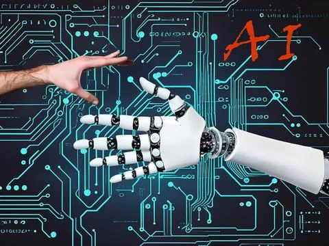 Conceptual image of artificial intelligence represented as a robotic hand r.. Stock Illustration