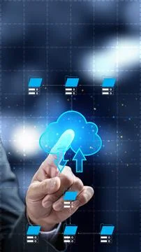 Conceptual image of cloud computing showing a businessman's hand selecting .. Stock Photos