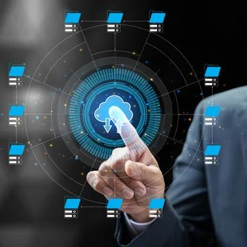 Conceptual image of cloud computing showing a businessman's hand selecting .. Fotos Stock