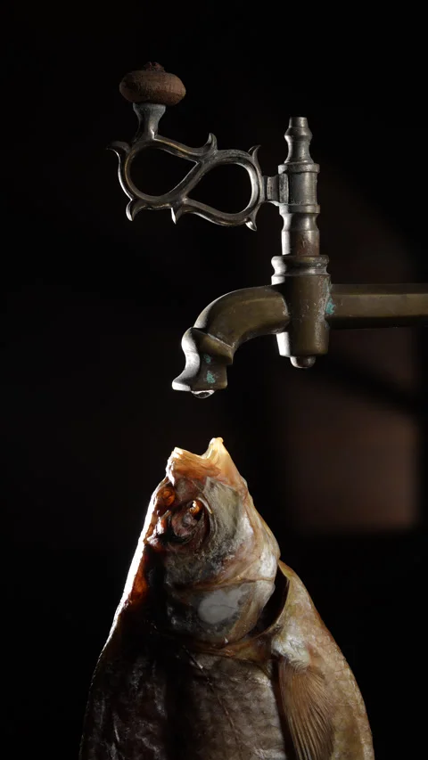 Conceptual image of dried fish catching a water drop from vintage tap Видео 337405874