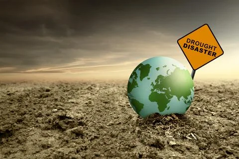 Conceptual image of an earth globe egg in dry cracked soil next to a 'Droug.. Stock Illustration