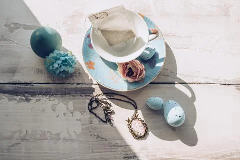 Conceptual image of Easter holiday and afternoon tea time Stock Photos