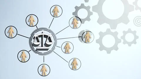 Conceptual image featuring a central scale of justice connected to human fi.. Stock Photos