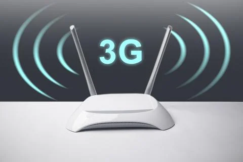 A conceptual image featuring a minimalist white wireless internet router wi.. Stock Photos