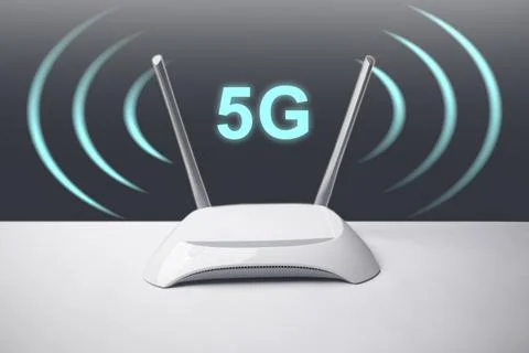 A conceptual image featuring a minimalist white wireless internet router wi.. Stock Photos