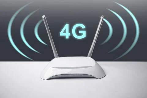 A conceptual image featuring a minimalist white wireless internet router wi.. Stock Photos