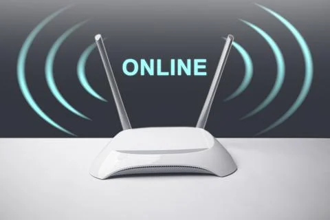 A conceptual image featuring a minimalist white wireless internet router wi.. Stock Photos