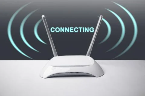 A conceptual image featuring a minimalist white wireless internet router wi.. Stock Photos