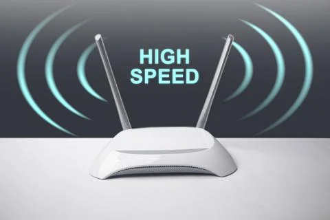 A conceptual image featuring a minimalist white wireless internet router wi.. Stock Photos