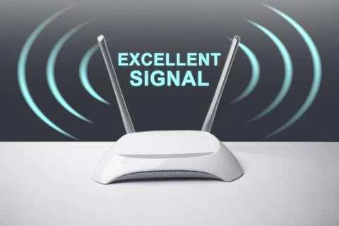 A conceptual image featuring a minimalist white wireless internet router wi.. Stock Photos