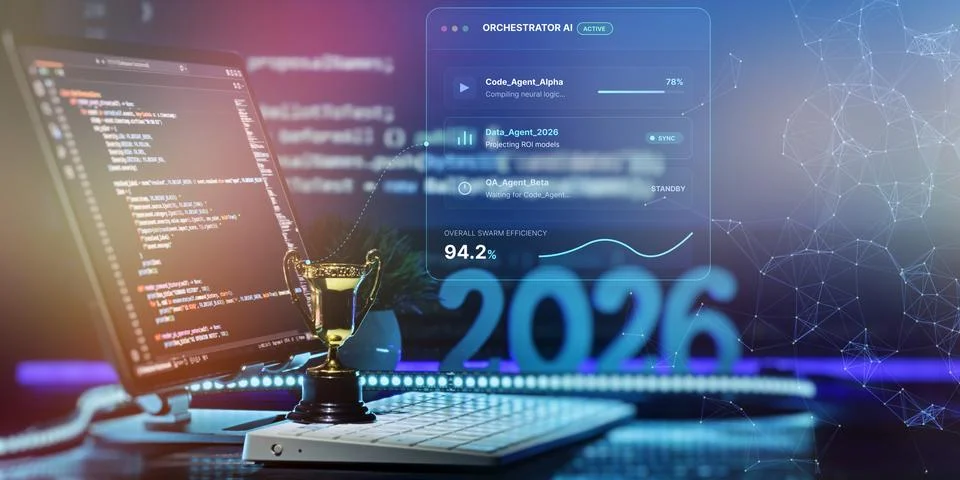Conceptual image of the future of IT and software development in 2026. Stockfoto's