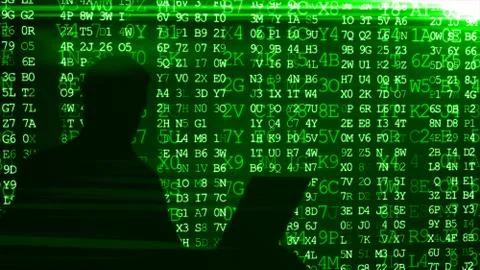 Conceptual image of a hacker on matrix background of falling green computer c 스톡 일러스트